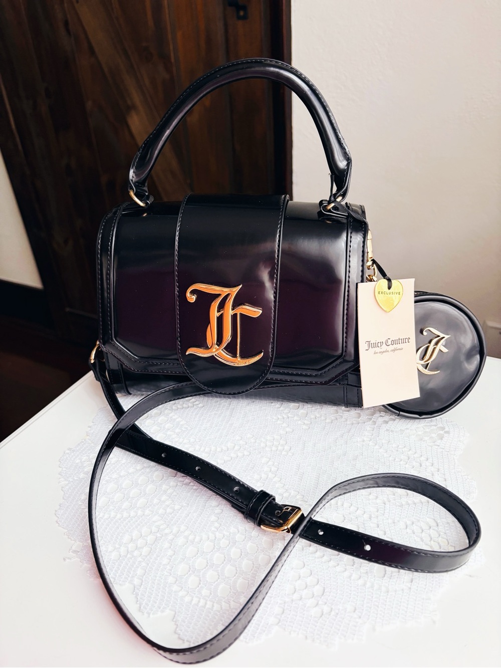 Juicy Couture Patent Overstated Crossbody Satchel and Coin Pouch in Licorice🖤✨